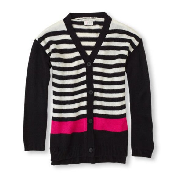 NWT The Children's Place Girl Knit Sweater Black White Pink Striped Card… - Picture 4 of 4